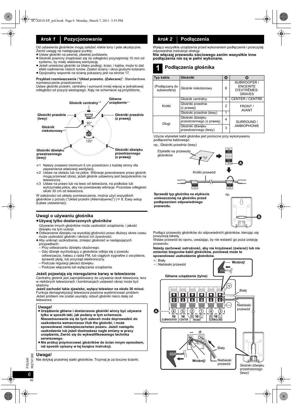 Krok 1 pozycjonowanie, Krok 2 podłączenia, Podłączenia głośnika | Panasonic SCXH10EP User Manual | Page 42 / 78