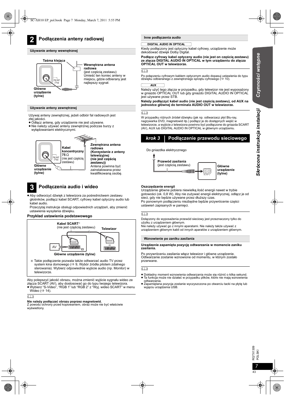 Podłączenia anteny radiowej, Podłączenia audio i wideo, Krok 3 podłączenie przewodu sieciowego | Panasonic SCXH10EP User Manual | Page 43 / 78
