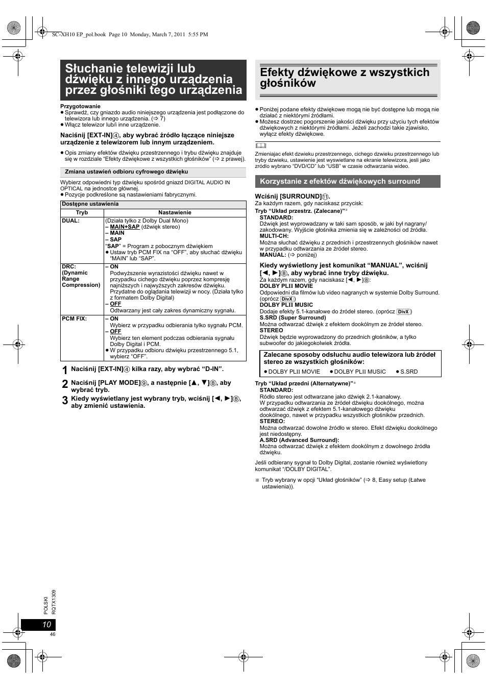 Efekty dźwiękowe z wszystkich głośników | Panasonic SCXH10EP User Manual | Page 46 / 78