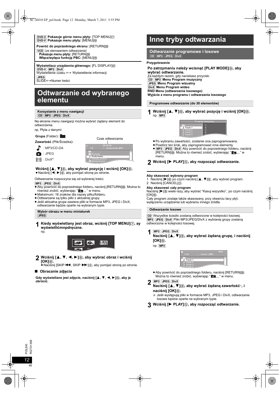 Odtwarzanie od wybranego elementu, Inne tryby odtwarzania | Panasonic SCXH10EP User Manual | Page 48 / 78