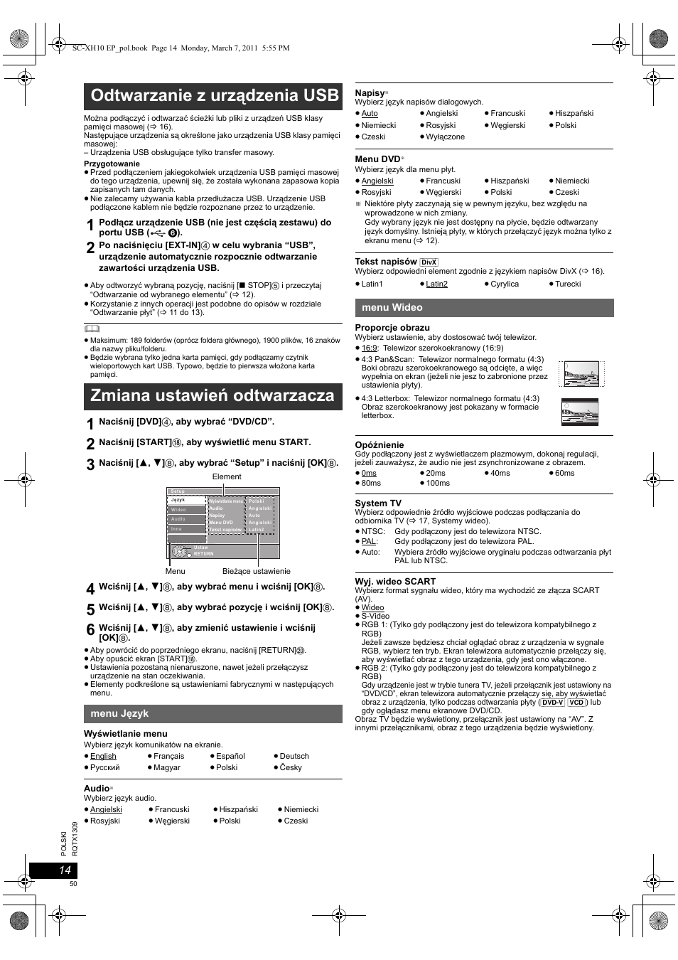 Odtwarzanie z urządzenia usb, Zmiana ustawień odtwarzacza | Panasonic SCXH10EP User Manual | Page 50 / 78