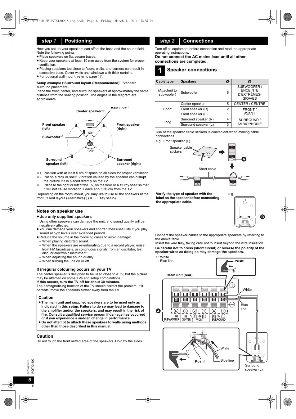 Step 1 positioning, Step 2 connections, Speaker connections | Caution | Panasonic SCXH10EP User Manual | Page 6 / 78