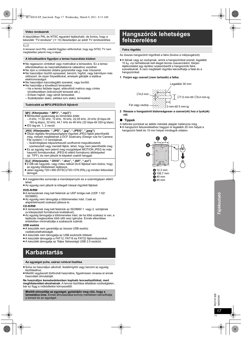 Karbantartás, Hangszórók lehetséges felszerelése | Panasonic SCXH10EP User Manual | Page 71 / 78