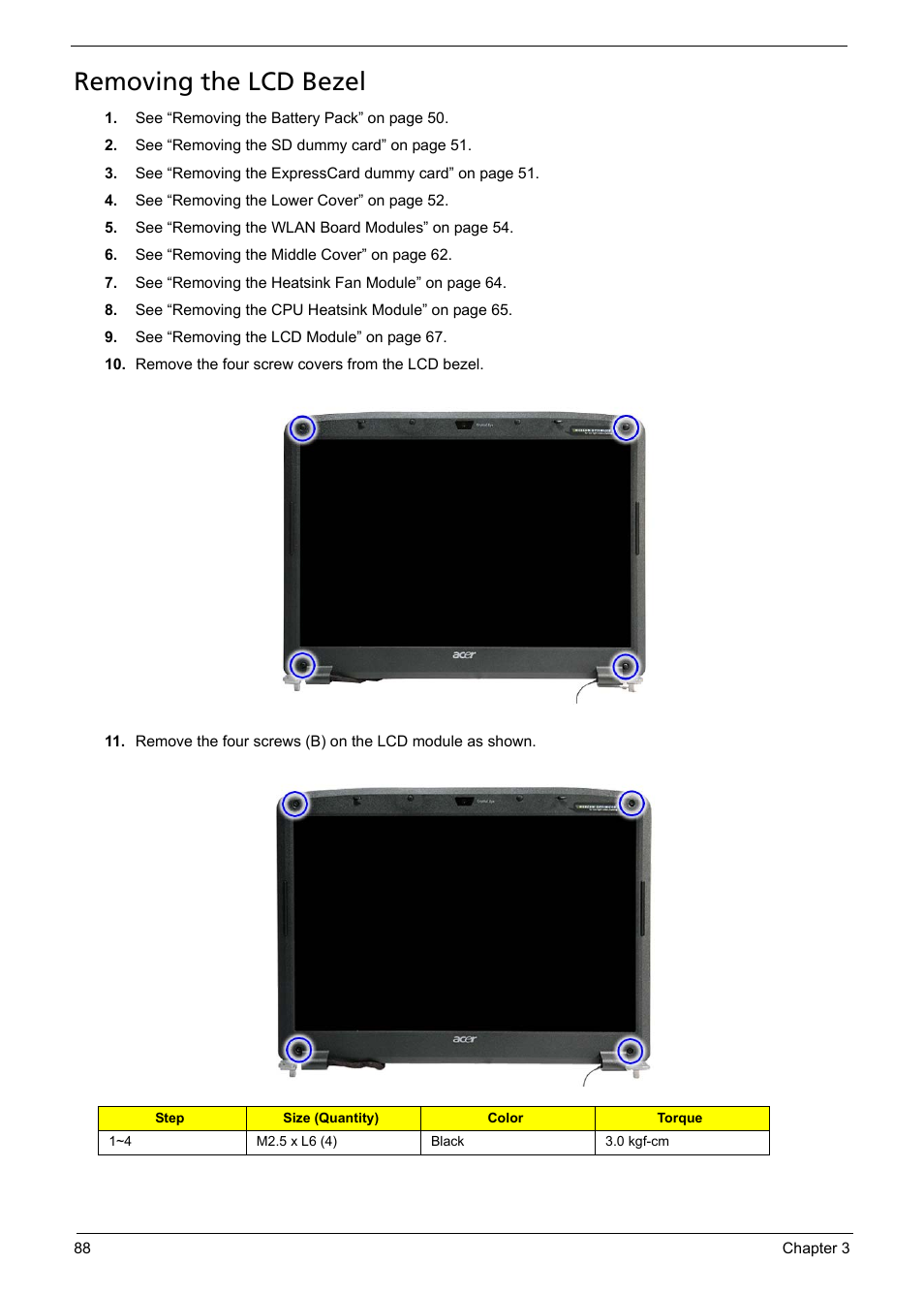 Removing the lcd bezel | Aspire Digital 5335 User Manual | Page 98 / 154