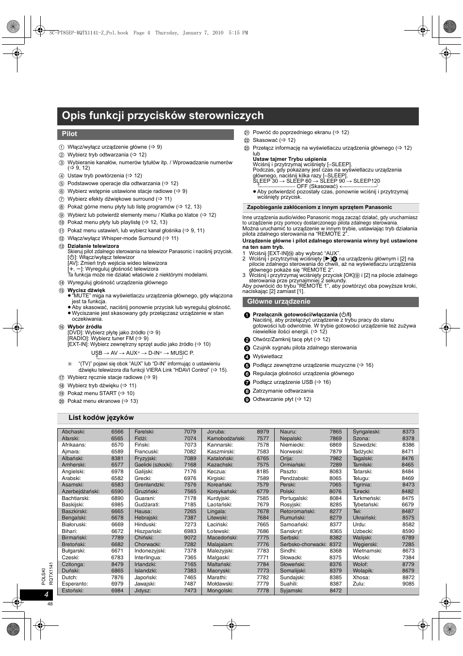Rqtx1141-z_pol, Opis funkcji przycisków sterowniczych | Panasonic SCPT85 User Manual | Page 48 / 94