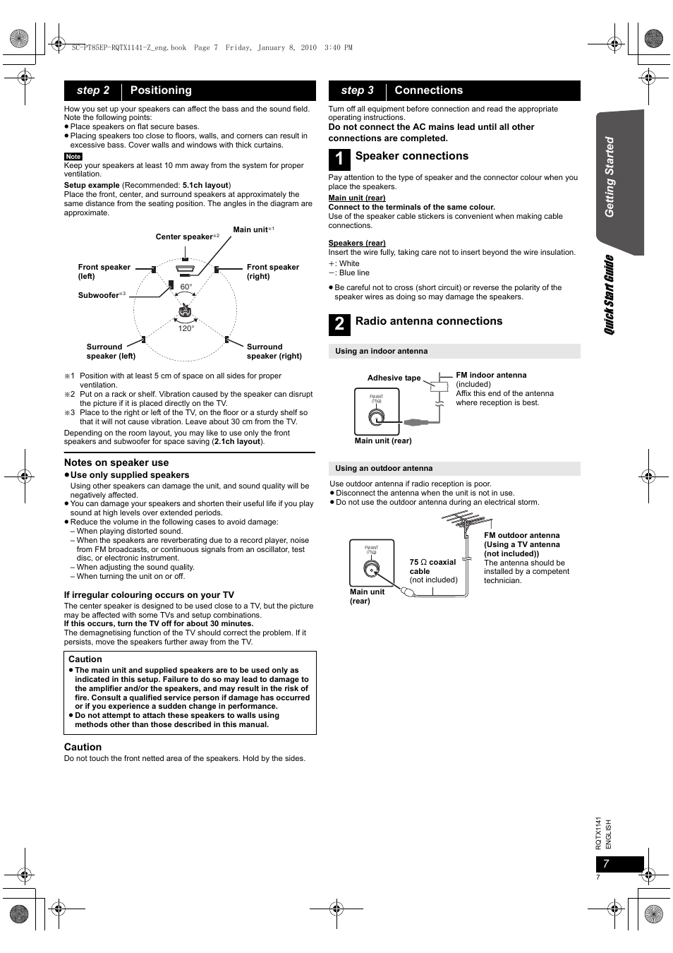 Quick start gu ide, Getting s tarted 7, Step 2 positioning | Step 3 connections, Speaker connections, Radio antenna connections | Panasonic SCPT85 User Manual | Page 7 / 94