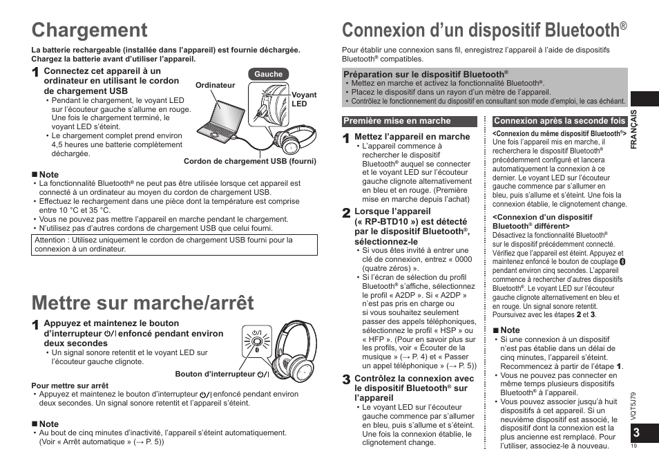 Chargement, Connexion d’un dispositif bluetooth, Mettre sur marche/arrêt | Panasonic RPBTD10E User Manual | Page 19 / 122