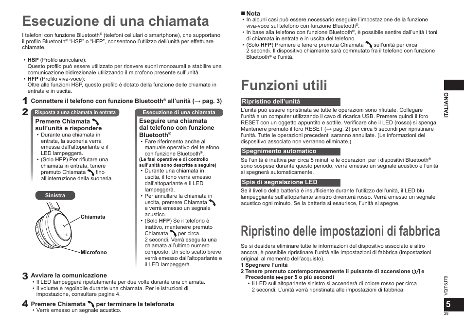 Esecuzione di una chiamata, Funzioni utili, Ripristino delle impostazioni di fabbrica | Panasonic RPBTD10E User Manual | Page 29 / 122