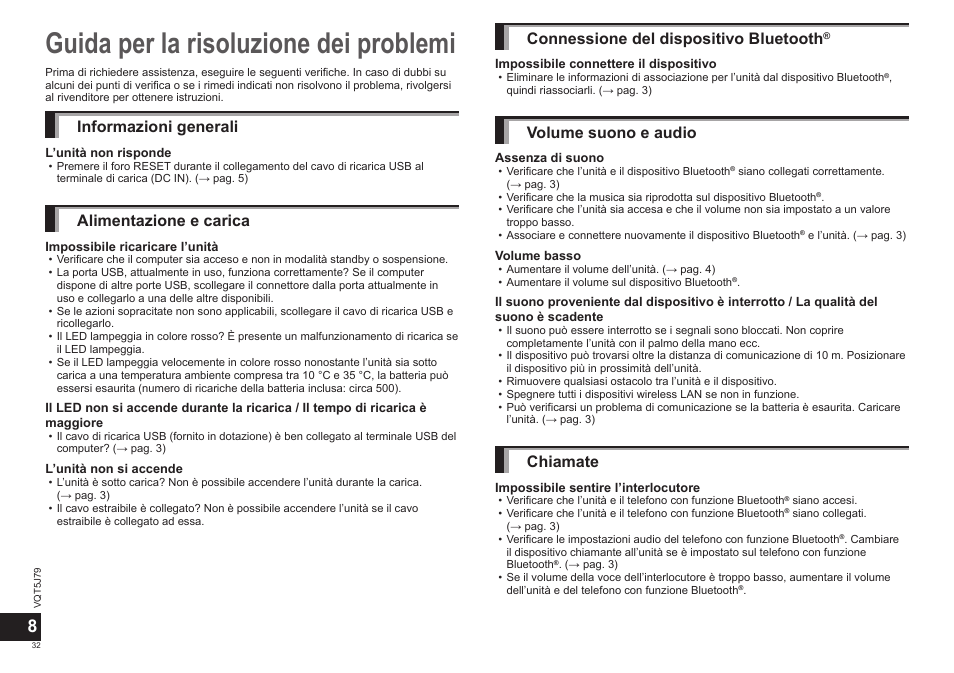 Guida per la risoluzione dei problemi, Informazioni generali, Alimentazione e carica | Connessione del dispositivo bluetooth, Volume suono e audio, Chiamate | Panasonic RPBTD10E User Manual | Page 32 / 122