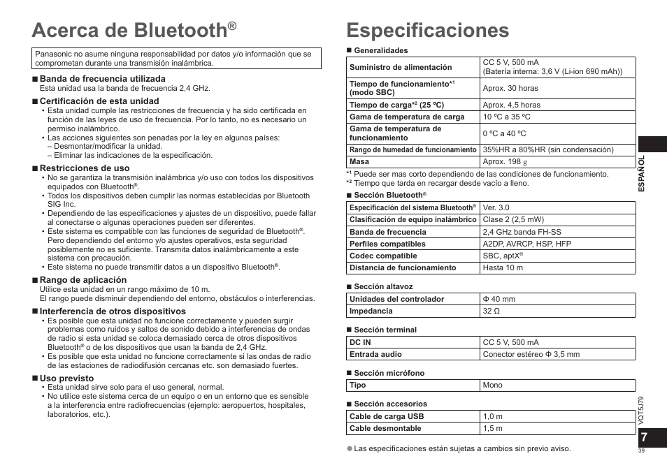 Acerca de bluetooth, Especificaciones | Panasonic RPBTD10E User Manual | Page 39 / 122