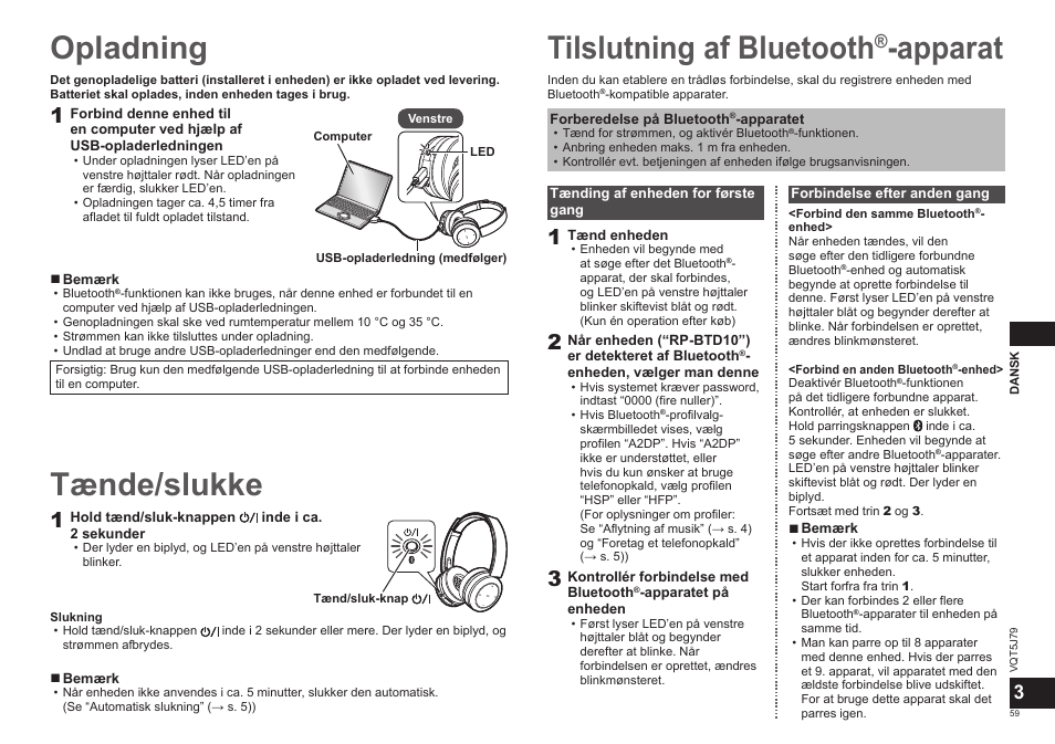 Opladning, Tilslutning af bluetooth, Apparat | Tænde/slukke | Panasonic RPBTD10E User Manual | Page 59 / 122