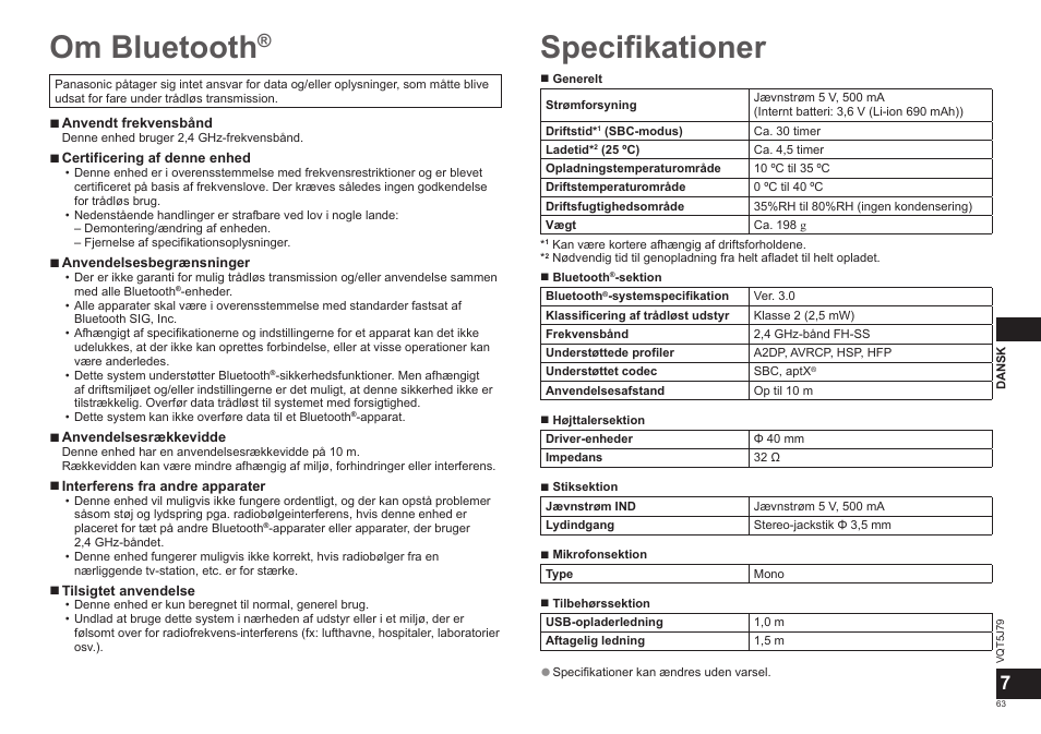 Om bluetooth, Specifikationer | Panasonic RPBTD10E User Manual | Page 63 / 122