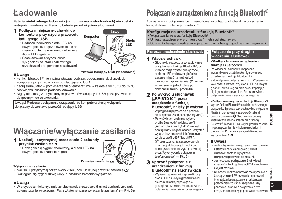 Ładowanie, Połączanie zurządzeniem z funkcją bluetooth, Włączanie/wyłączanie zasilania | Panasonic RPBTD10E User Manual | Page 75 / 122