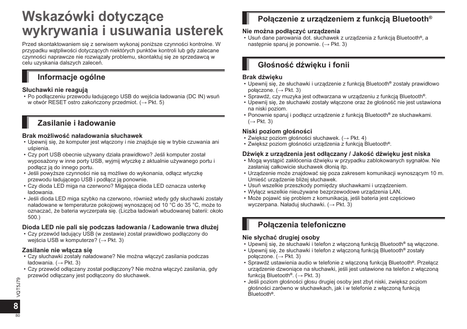 Wskazówki dotyczące wykrywania i usuwania usterek, Informacje ogólne, Zasilanie i ładowanie | Połączenie z urządzeniem z funkcją bluetooth, Głośność dźwięku i fonii, Połączenia telefoniczne | Panasonic RPBTD10E User Manual | Page 80 / 122