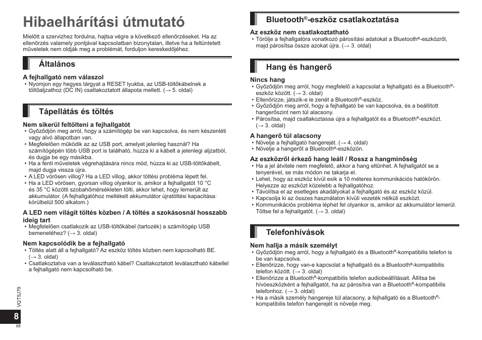 Hibaelhárítási útmutató, Általános, Tápellátás és töltés | Bluetooth, Eszköz csatlakoztatása, Hang és hangerő, Telefonhívások | Panasonic RPBTD10E User Manual | Page 88 / 122