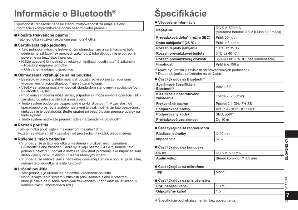 Informácie o bluetooth, Špecifikácie | Panasonic RPBTD10E User Manual | Page 95 / 122