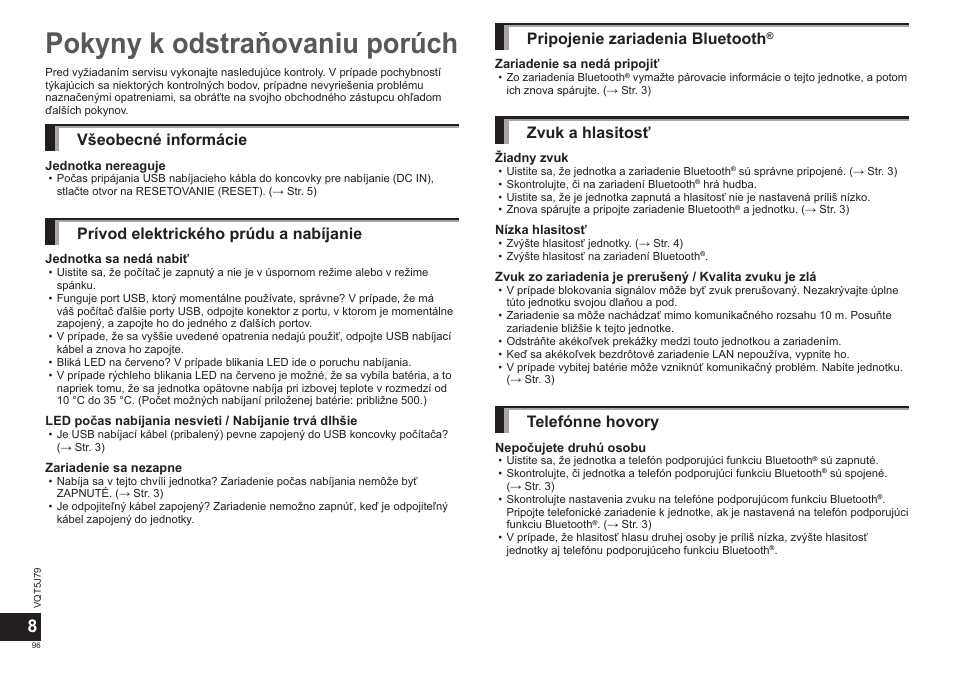Pokyny k odstraňovaniu porúch, Všeobecné informácie, Prívod elektrického prúdu a nabíjanie | Pripojenie zariadenia bluetooth, Zvuk a hlasitosť, Telefónne hovory | Panasonic RPBTD10E User Manual | Page 96 / 122