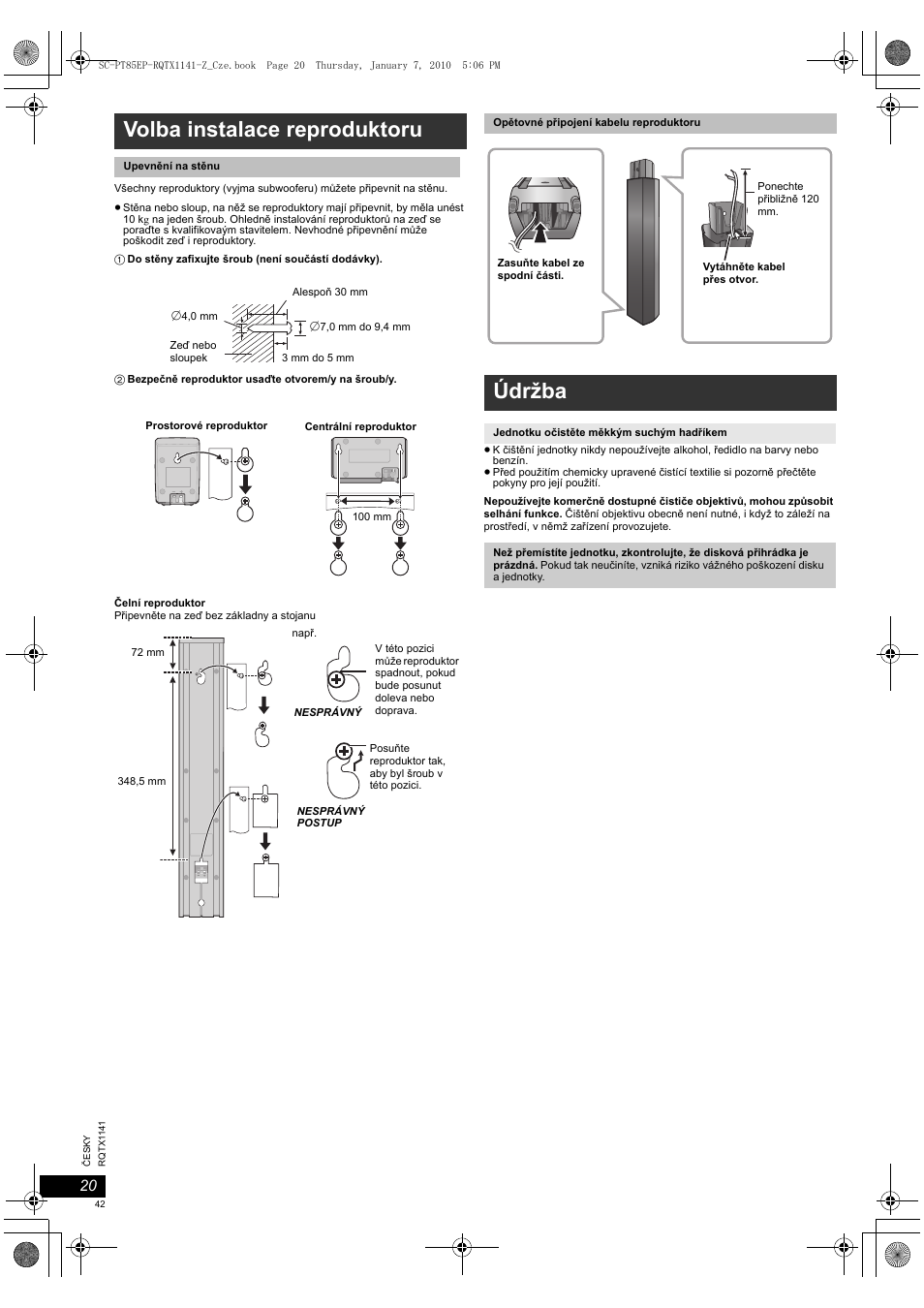Volba instalace reproduktoru, Údržba | Panasonic SCPT85EP User Manual | Page 42 / 94