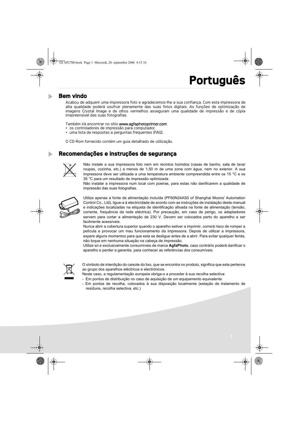 Português, Bem vindo, Recomendações e instruções de segurança | AGFA AP2700 User Manual | Page 83 / 192