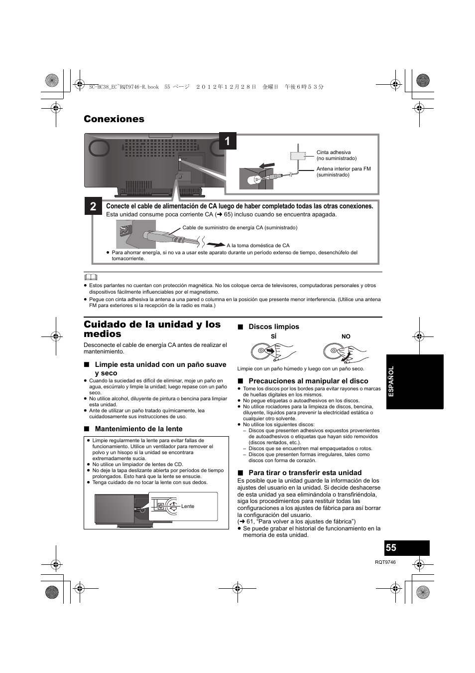 Conexiones, Cuidado de la unidad y los medios | Panasonic SCHC38EC User Manual | Page 55 / 68