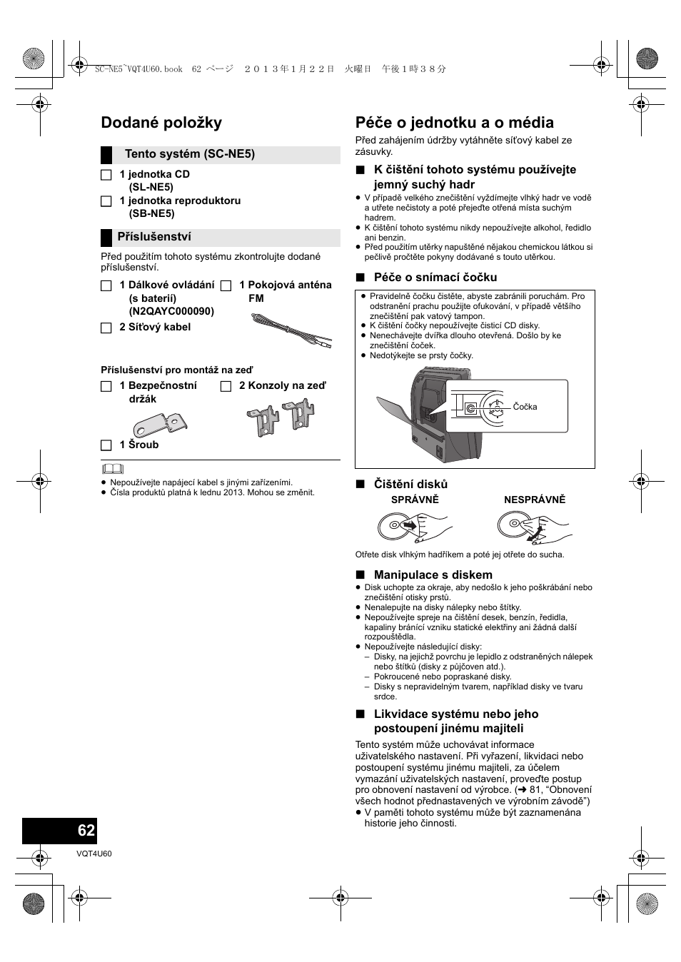 Dodané položky, Péče o jednotku a o média | Panasonic SCNE5EG User Manual | Page 62 / 88
