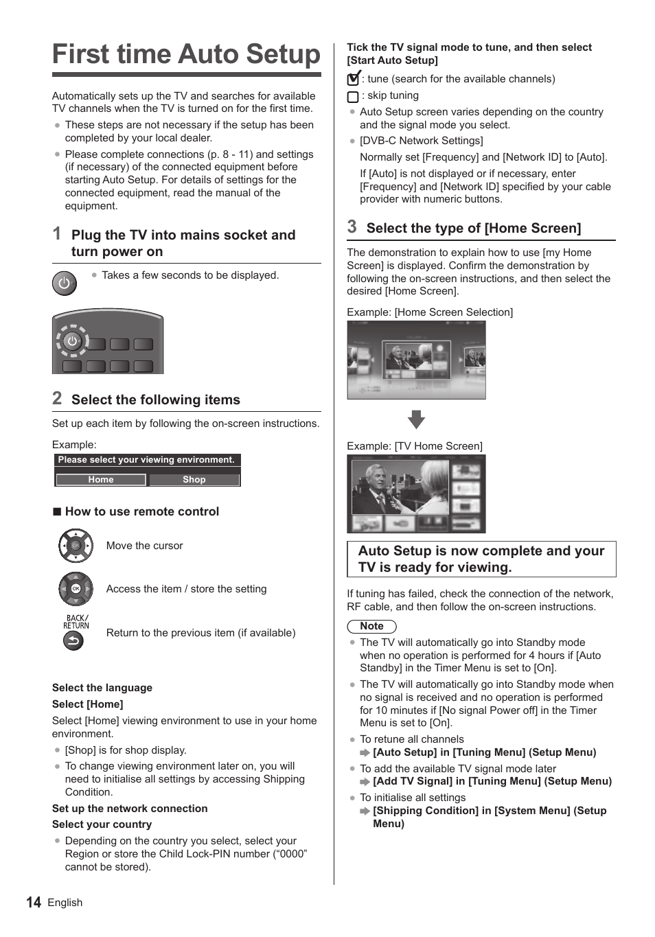 First time auto setup, Select the type of [home screen, Plug the tv into mains socket and turn power on | Select the following items | Panasonic TX50ASX603 User Manual | Page 14 / 68