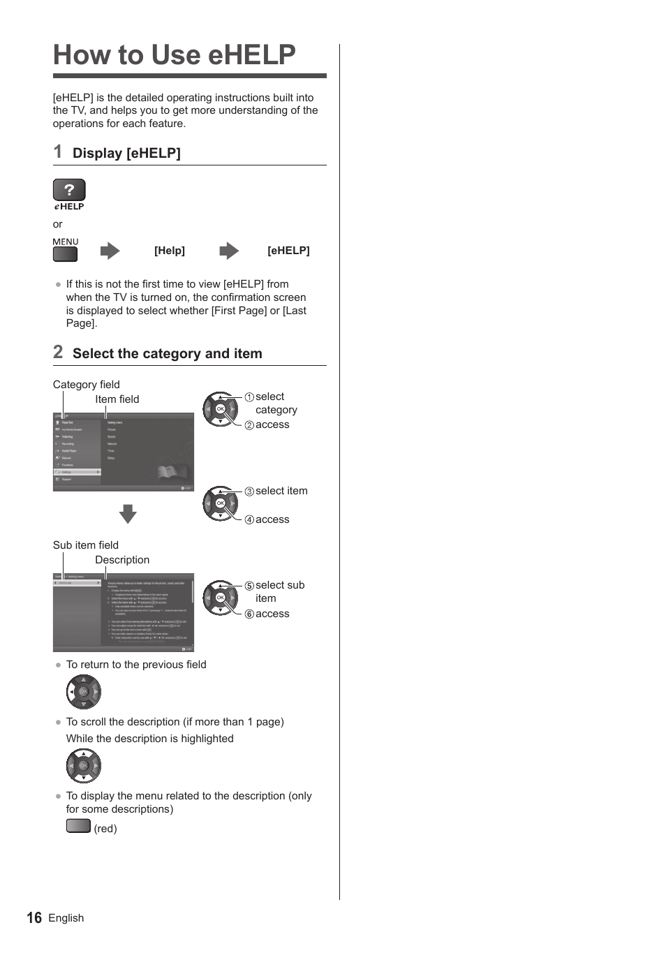 How to use ehelp, Display [ehelp, Select the category and item | Panasonic TX50ASX603 User Manual | Page 16 / 68