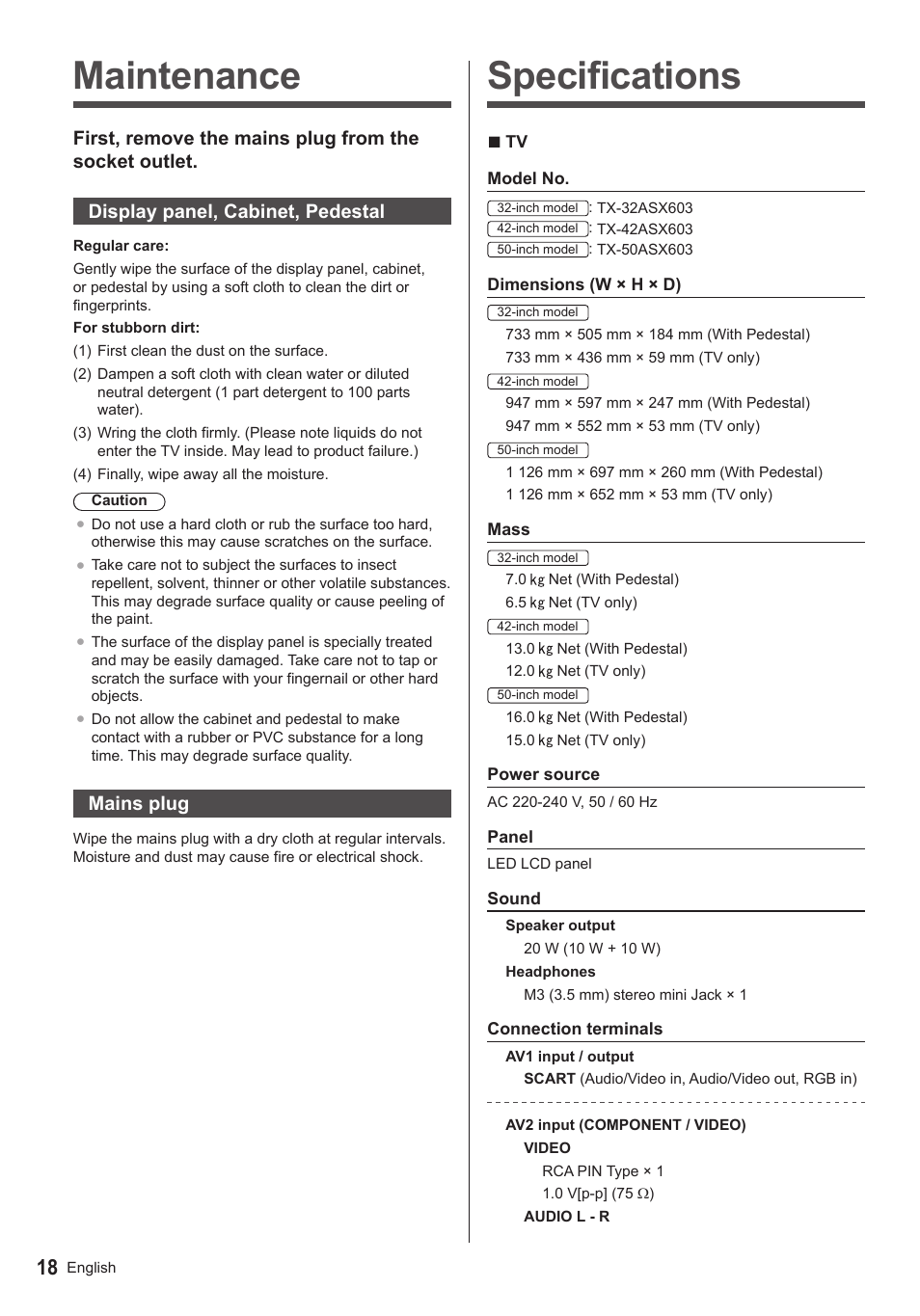 Specifications, Maintenance, Mains plug | Panasonic TX50ASX603 User Manual | Page 18 / 68