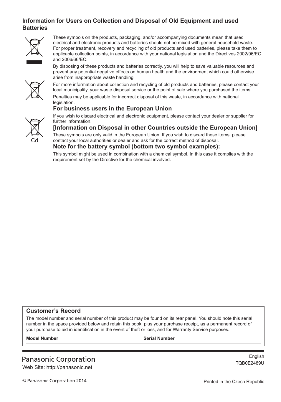 For business users in the european union, Customer’s record | Panasonic TX50ASX603 User Manual | Page 22 / 68