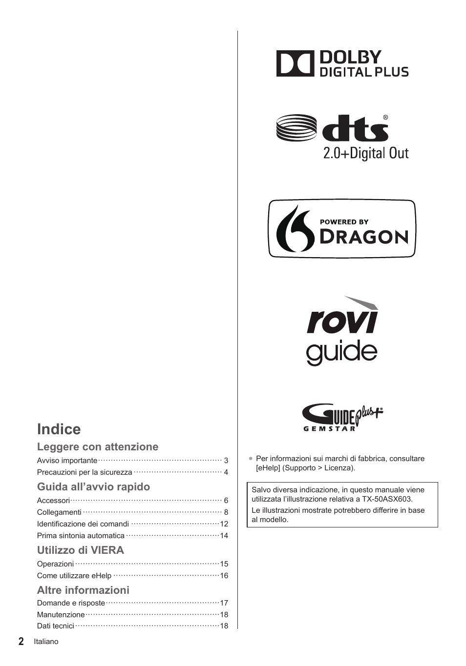 Indice, Leggere con attenzione, Guida all’avvio rapido | Utilizzo di viera, Altre informazioni | Panasonic TX50ASX603 User Manual | Page 24 / 68