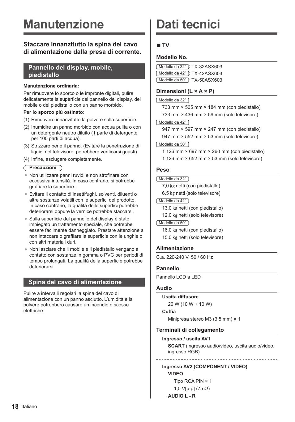 Dati tecnici, Manutenzione, Spina del cavo di alimentazione | Panasonic TX50ASX603 User Manual | Page 40 / 68