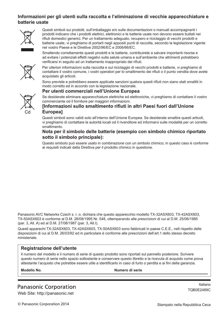 Per utenti commerciali nell’unione europea, Registrazione dell’utente | Panasonic TX50ASX603 User Manual | Page 44 / 68
