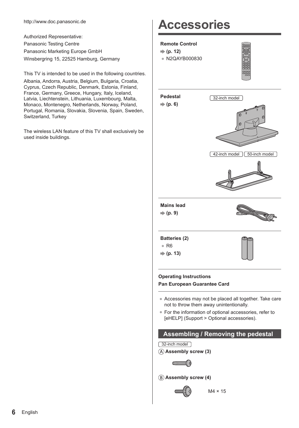 Accessories, Assembling / removing the pedestal | Panasonic TX50ASX603 User Manual | Page 6 / 68