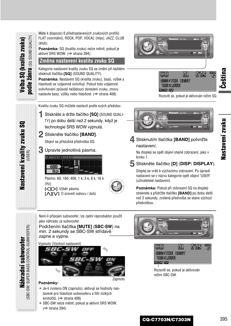 Âe‰tina, Volba sq (kvalita zvuku) podle ïánru, Nastavení kvality zvuku sq | Náhradní subwoofer, Nastavení zvuku | Panasonic CQC7703N User Manual | Page 17 / 64