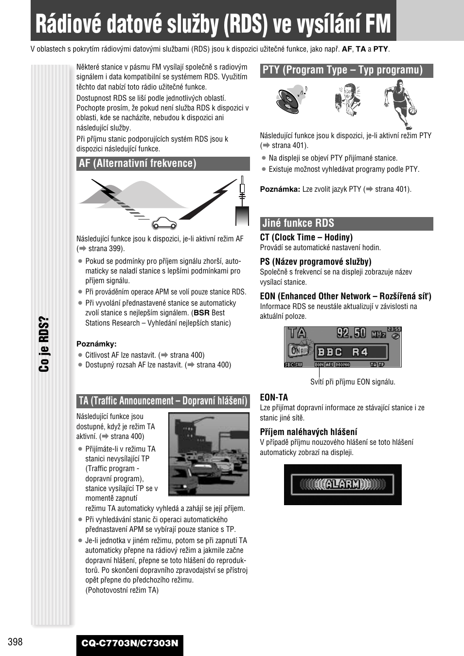 Rádiové datové sluïby (rds) ve vysílání fm, Co je rds, Af (alternativní frekvence) | Ta (traffic announcement – dopravní hlá‰ení), Pty (program type – typ programu), Jiné funkce rds | Panasonic CQC7703N User Manual | Page 20 / 64