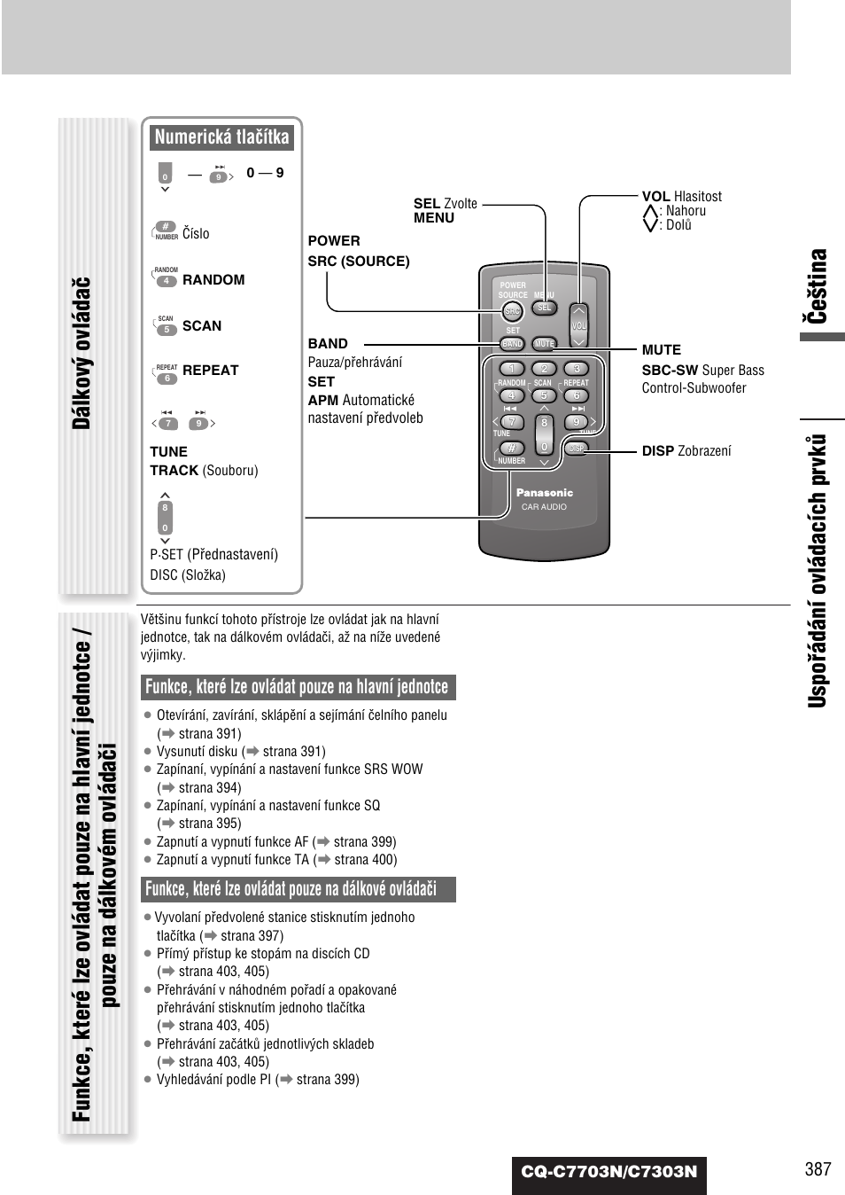 Âe‰tina, Funkce, které lze ovládat pouze na hlavní jednotce, Numerická tlaãítka | Panasonic CQC7703N User Manual | Page 9 / 64