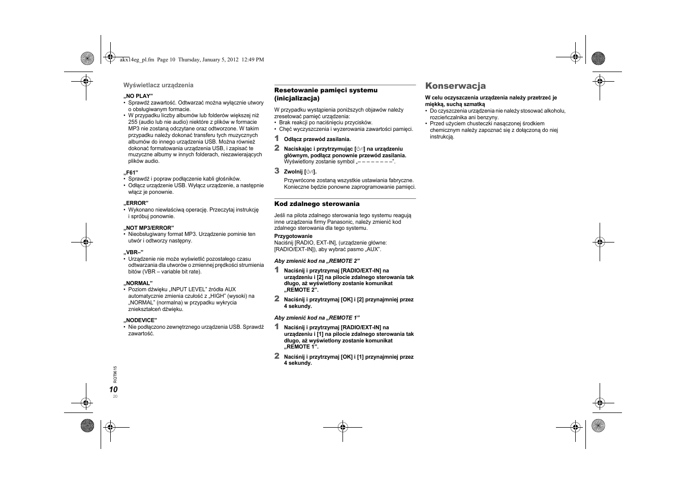 Konserwacja | Panasonic SCAKX14EG User Manual | Page 20 / 32