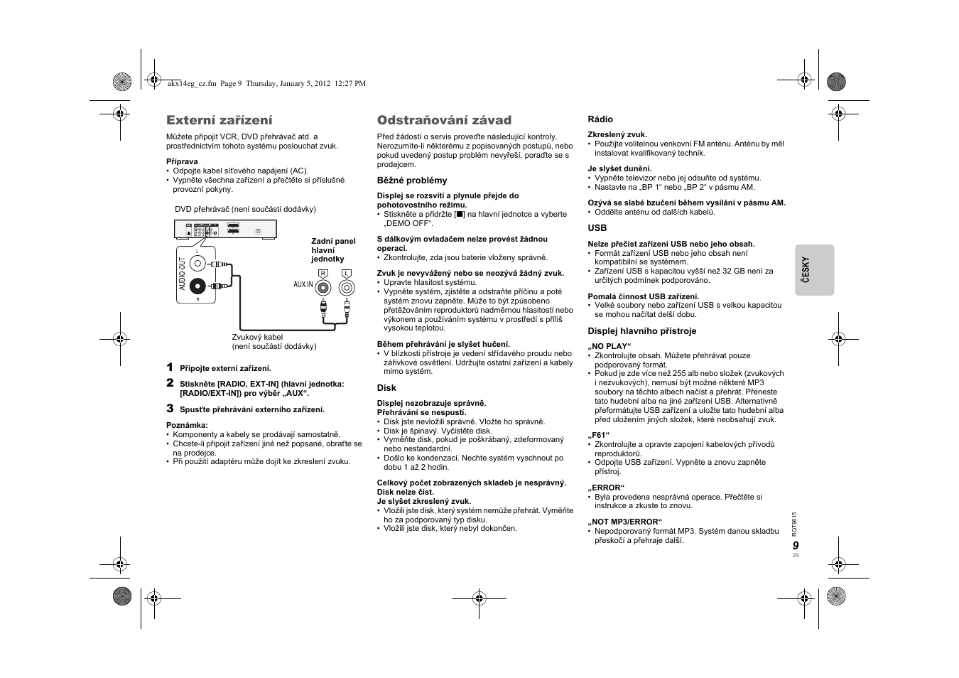 Externí zařízení, Odstraňování závad | Panasonic SCAKX14EG User Manual | Page 29 / 32