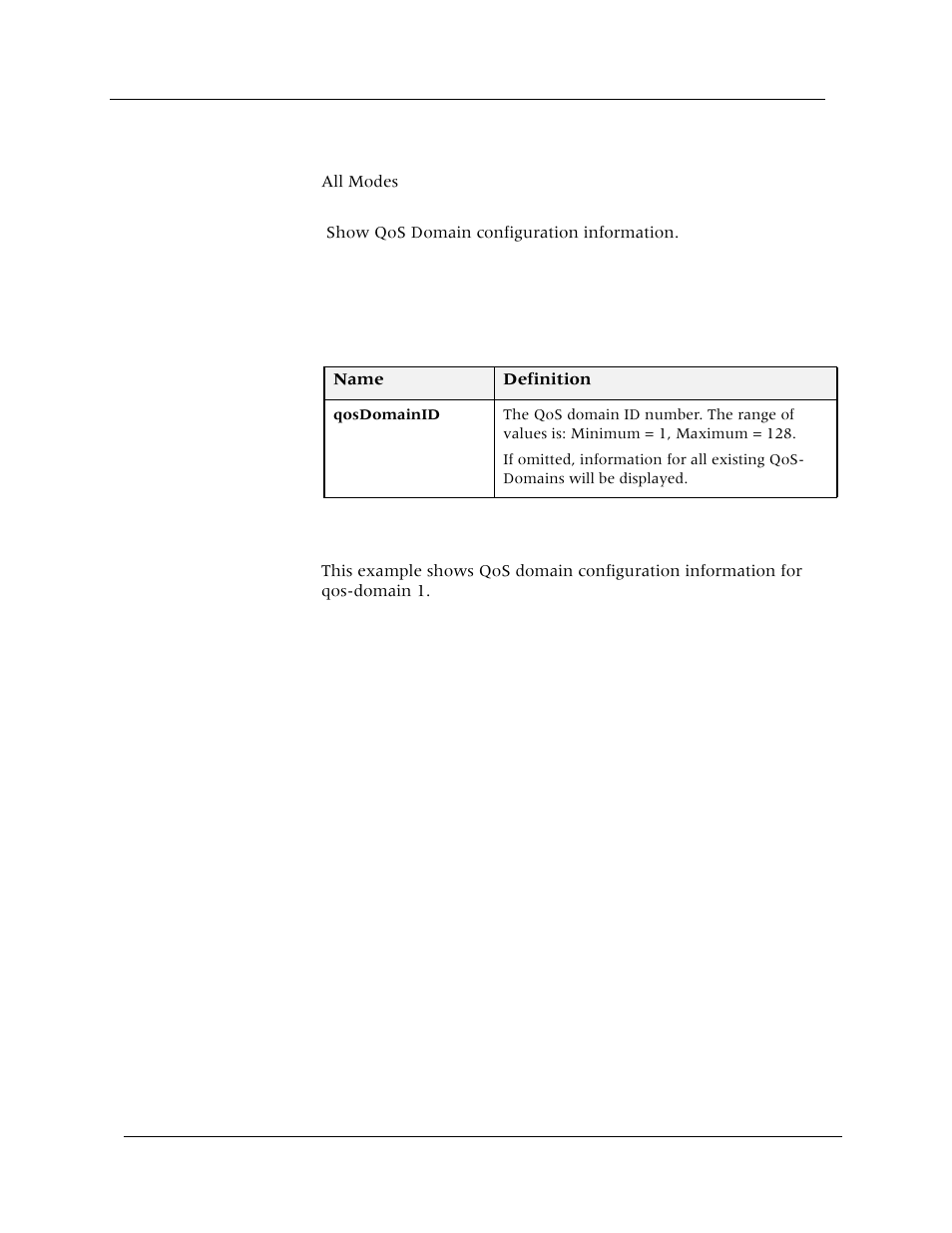 Show qos-domain, Command mode, Description | Syntax, Sample output | Avaya Cajun P880 User Manual | Page 96 / 162