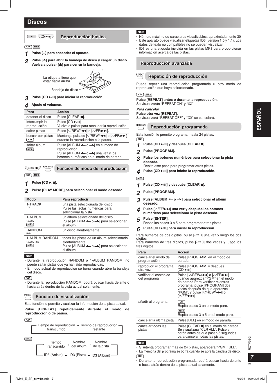 Discos, Esp añol | Panasonic SCPM46 User Manual | Page 21 / 56