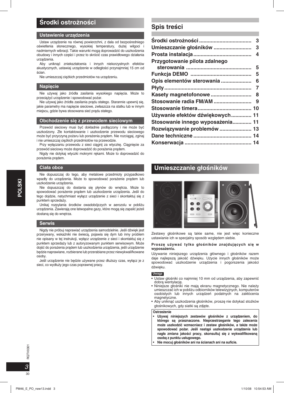 Umieszczanie g∏oêników, Ârodki ostro˝noêci, Spis treêci | Polski | Panasonic SCPM46 User Manual | Page 30 / 56