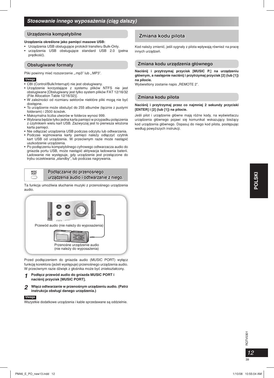 Polski stosowanie innego wyposa˝enia (ciàg dalszy), Zmiana kodu pilota | Panasonic SCPM46 User Manual | Page 39 / 56