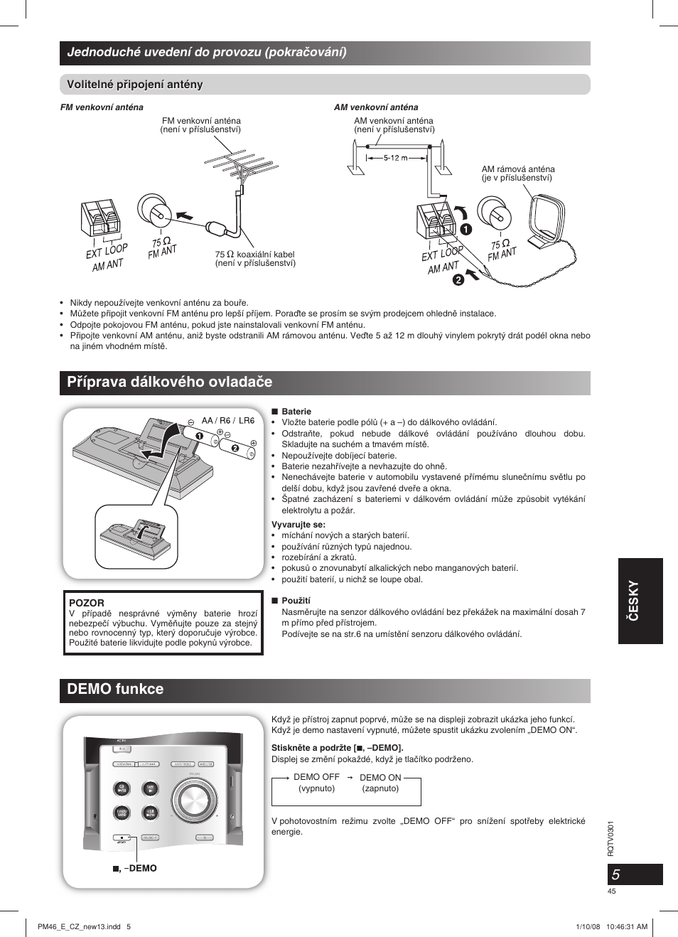 Pﬁíprava dálkového ovladaãe, Demo funkce, Âesky | Jednoduché uvedení do provozu (pokraãování) | Panasonic SCPM46 User Manual | Page 45 / 56