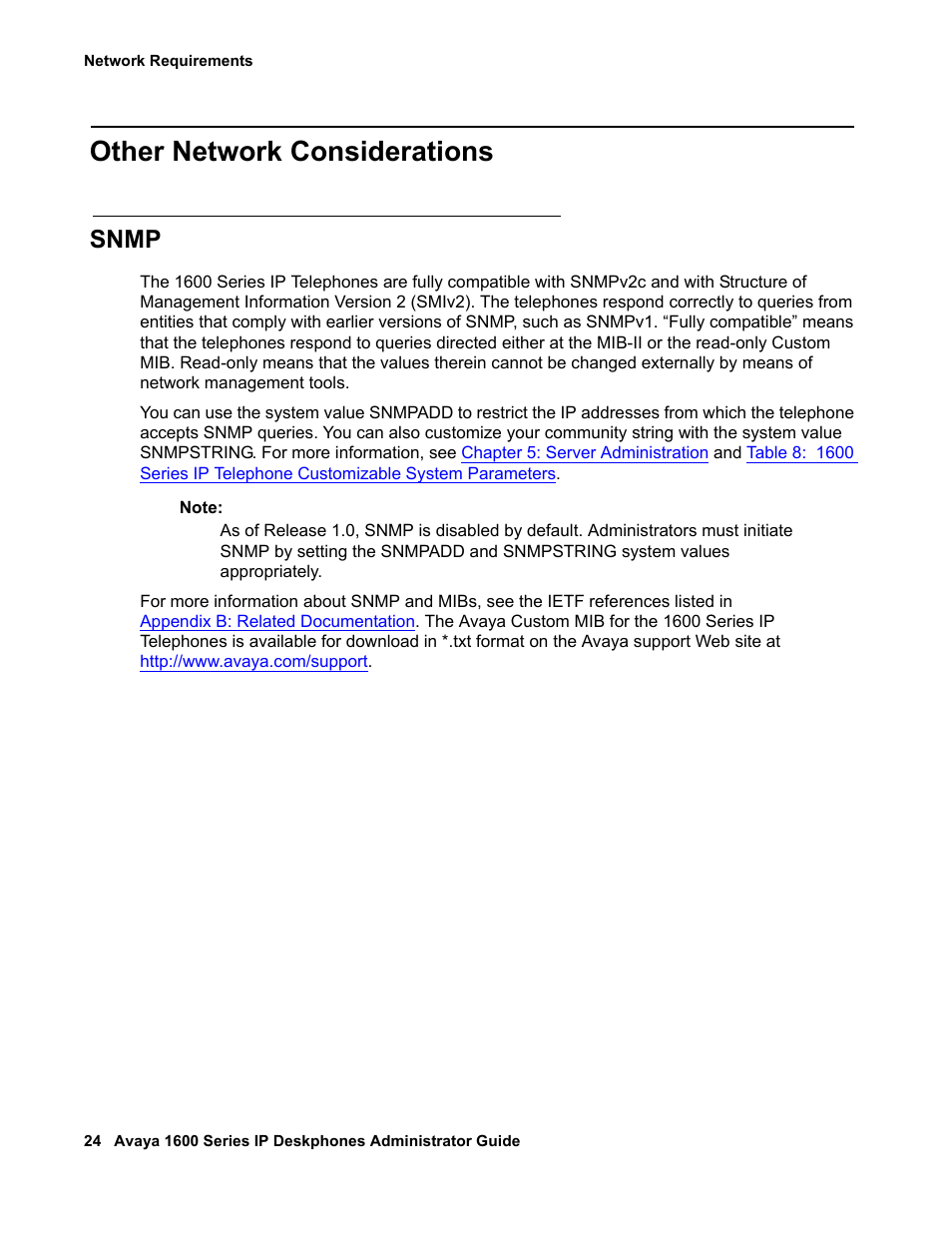 Other network considerations, Snmp | Avaya 1600 Series User Manual | Page 24 / 142