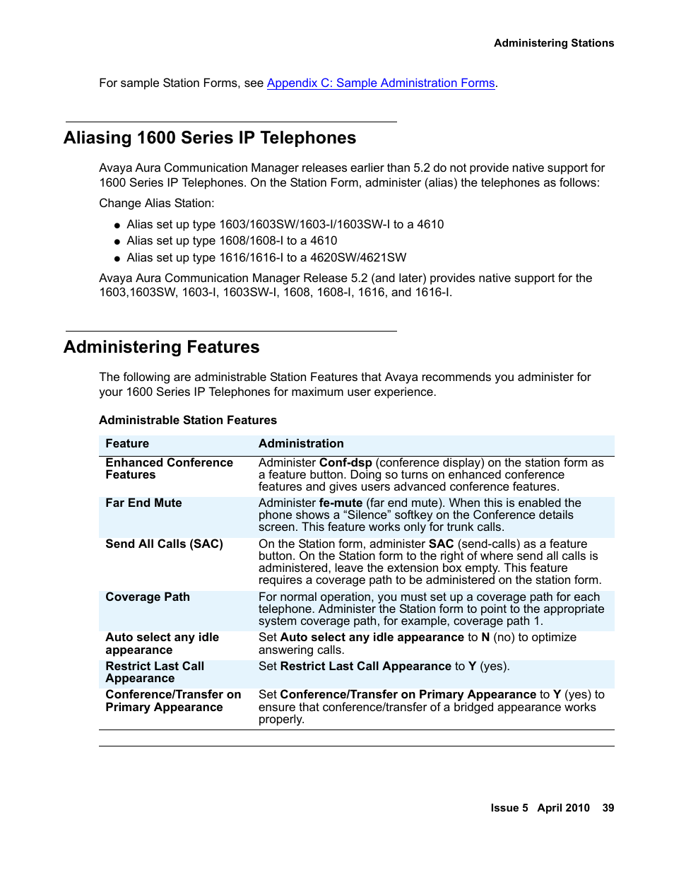 Aliasing 1600 series ip telephones, Administering features | Avaya 1600 Series User Manual | Page 39 / 142