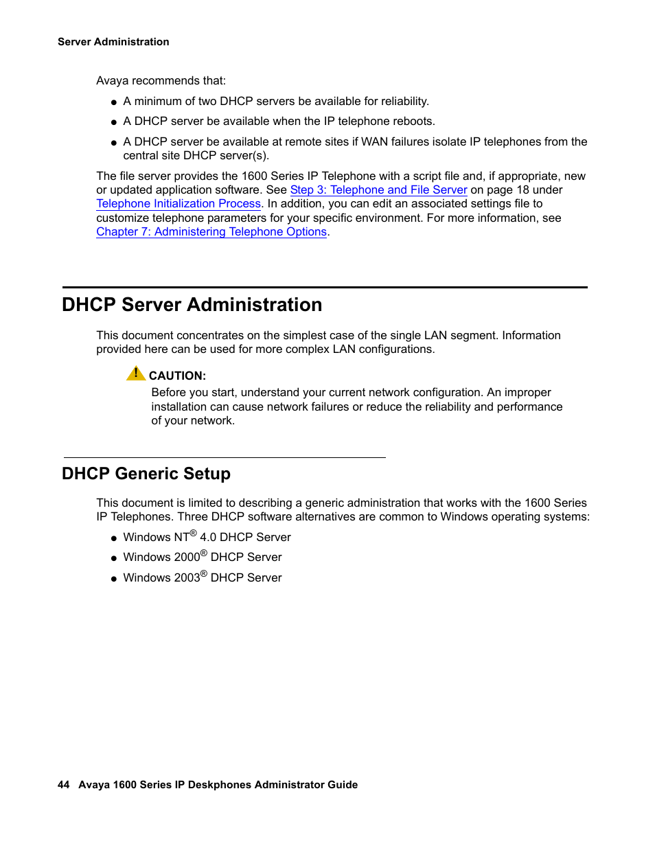Dhcp server administration, Dhcp generic setup | Avaya 1600 Series User Manual | Page 44 / 142