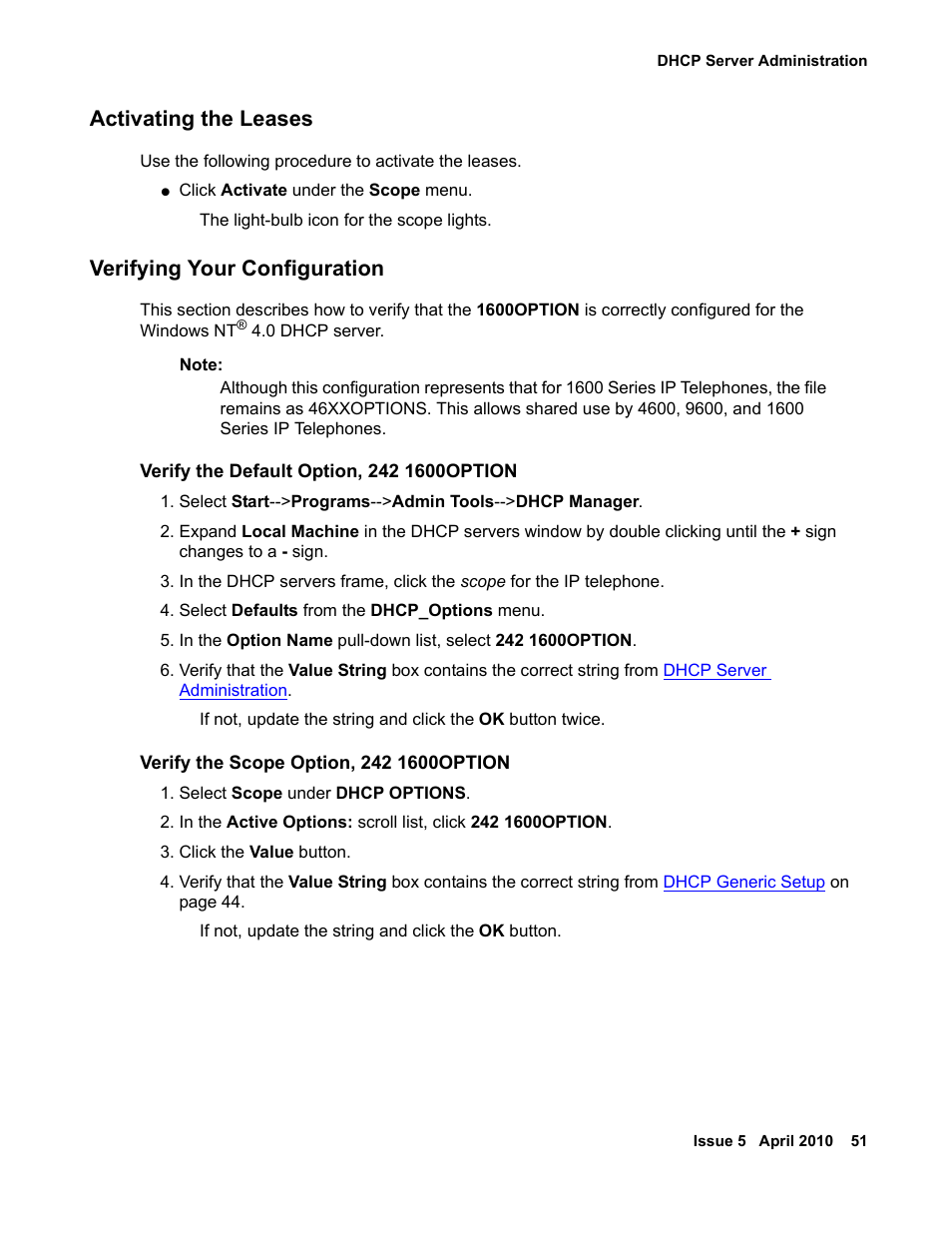 Activating the leases, Verifying your configuration | Avaya 1600 Series User Manual | Page 51 / 142
