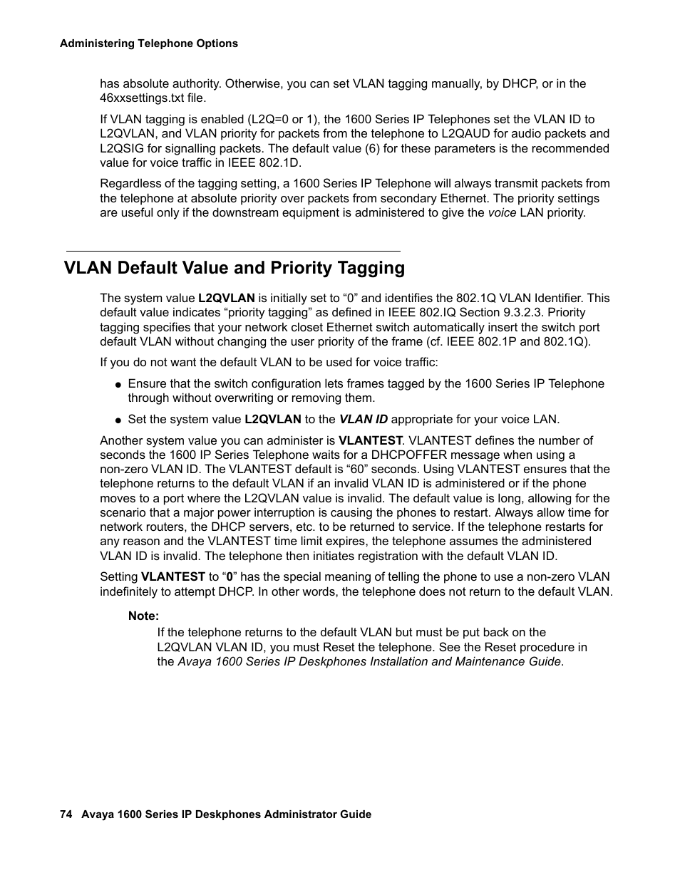 Vlan default value and priority tagging | Avaya 1600 Series User Manual | Page 74 / 142