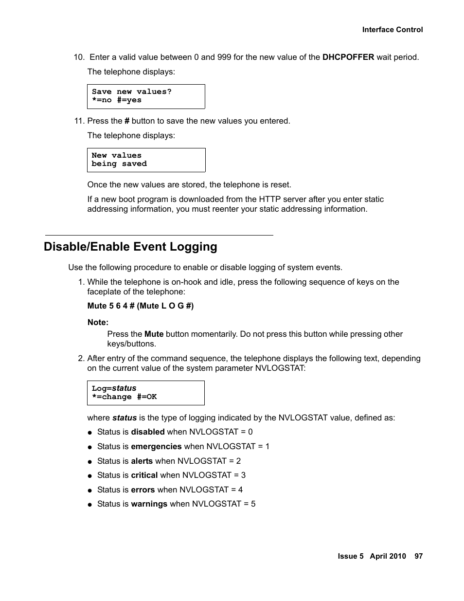Disable/enable event logging | Avaya 1600 Series User Manual | Page 97 / 142