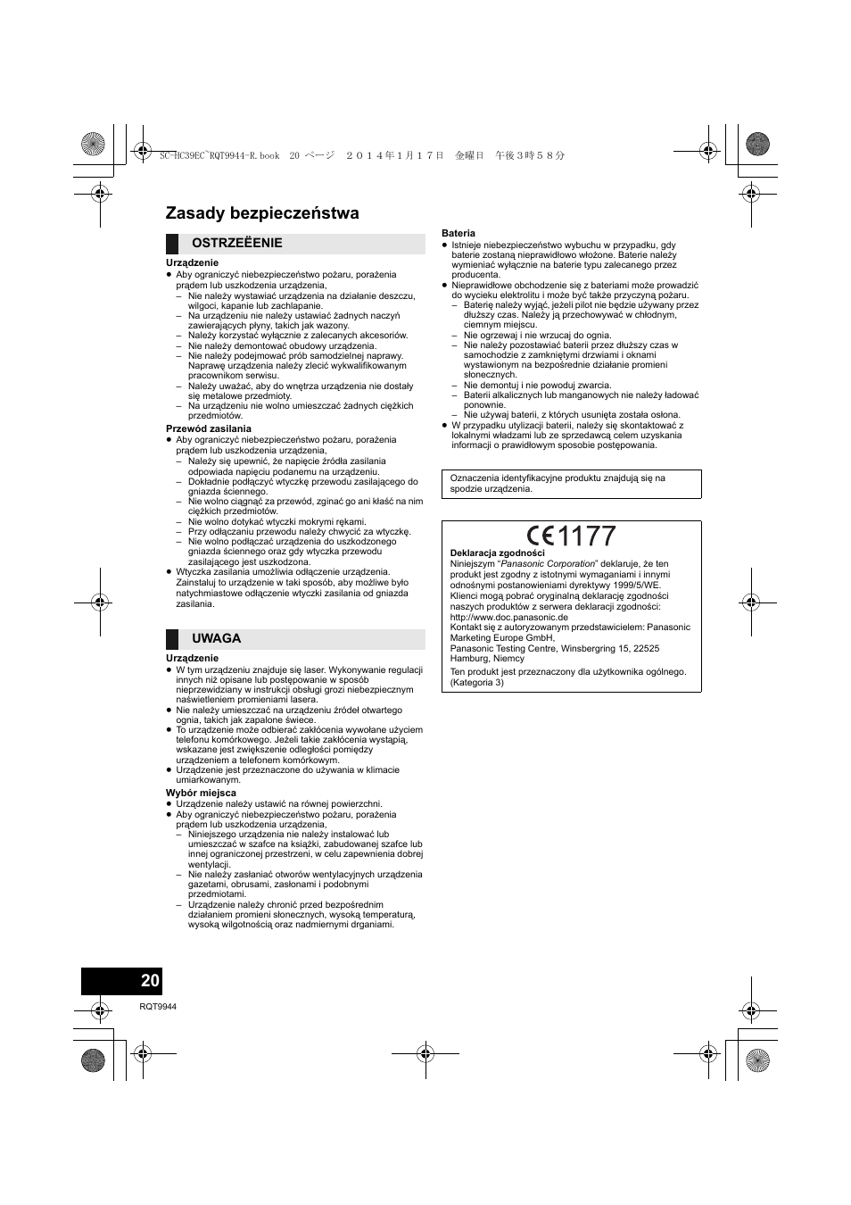Zasady bezpieczeństwa, Ostrzeëenie uwaga | Panasonic SCHC39EC User Manual | Page 20 / 76